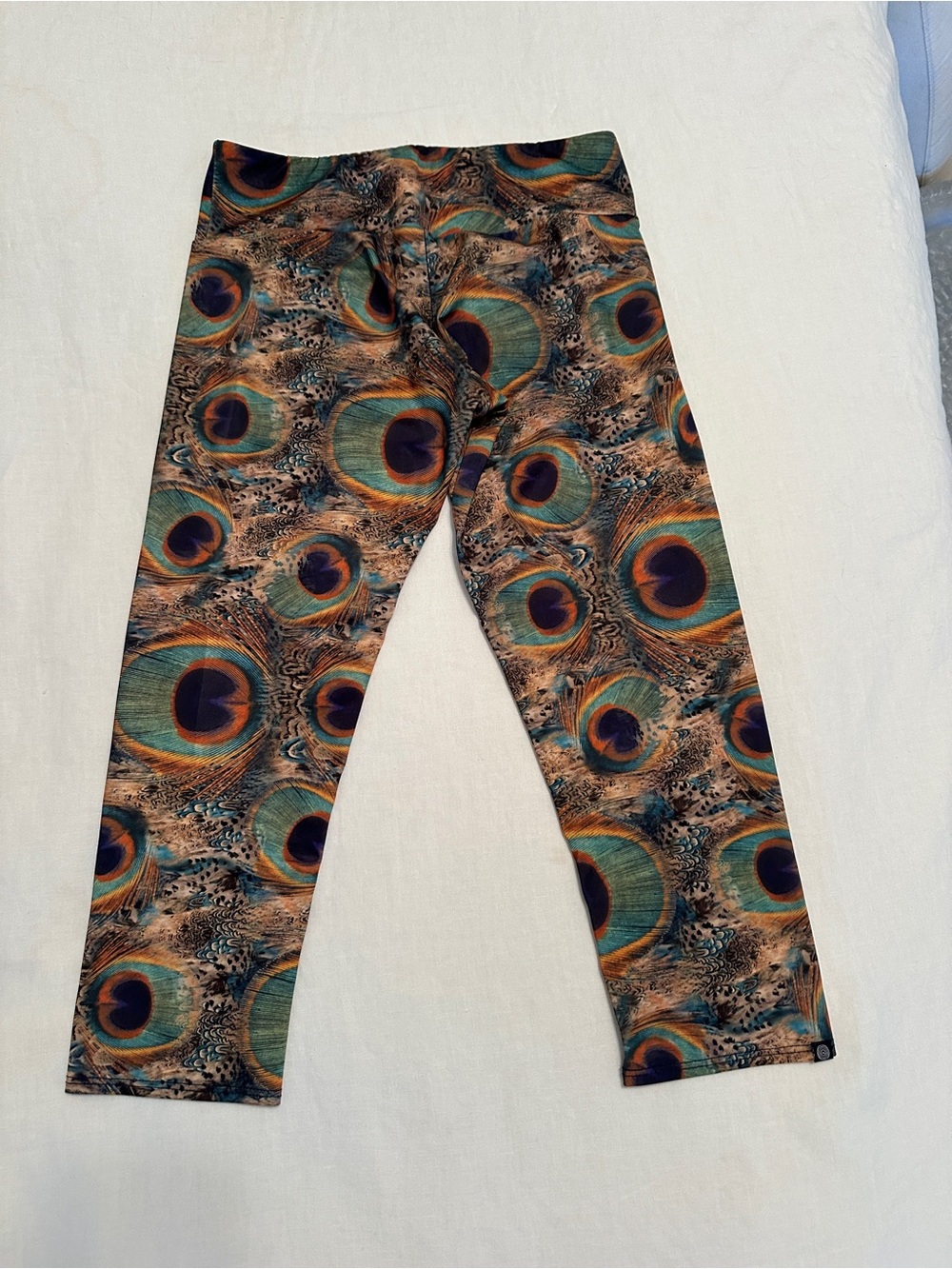 Onzie Peacock Feather Print Leggings in Teal, Gold & Navy - Picture 2 of 5